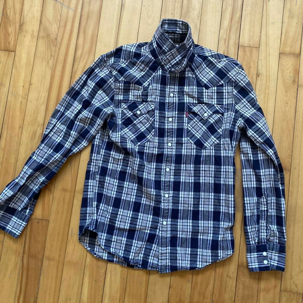 Levi Strauss Co Plaid Snap Button Western Shirt Mens Medium Blue White